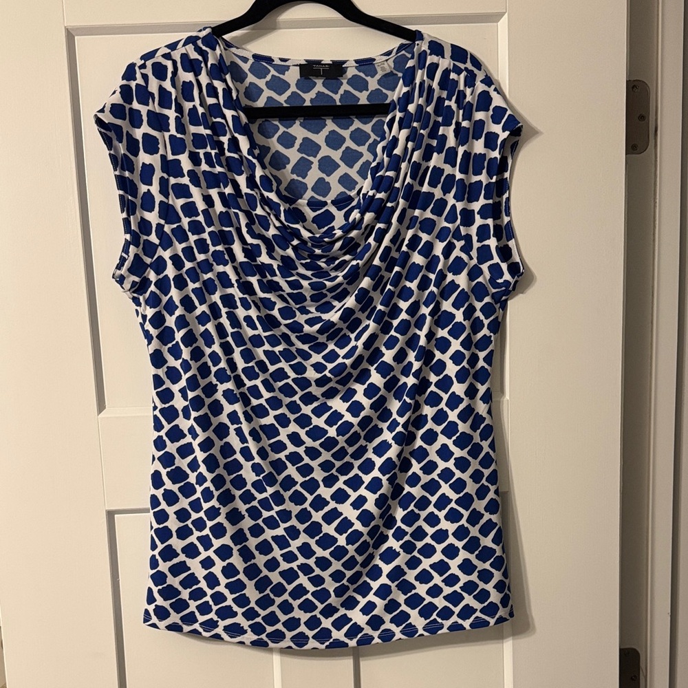T Tahari Blue and White Draped Cowl Neck Blouse